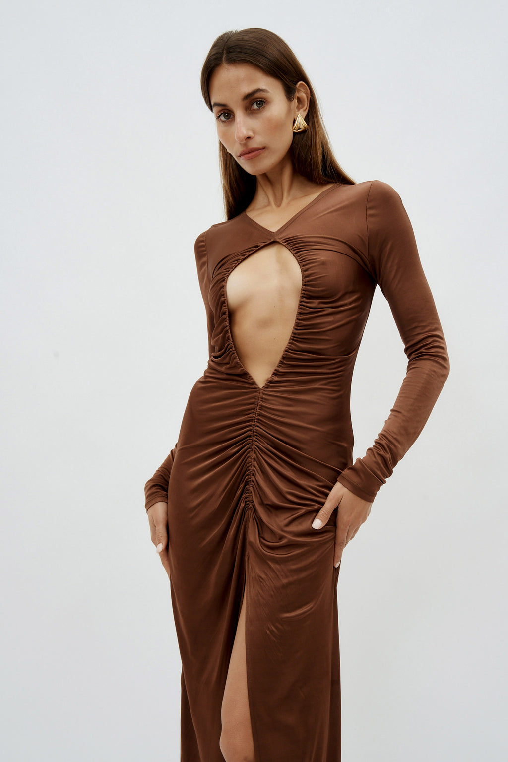 Open Front Ruched Bronze Gown - Désordre Boutique