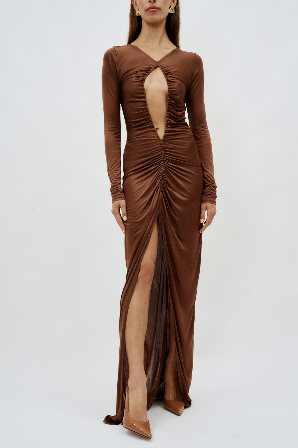 Open Front Ruched Bronze Gown - Désordre Boutique