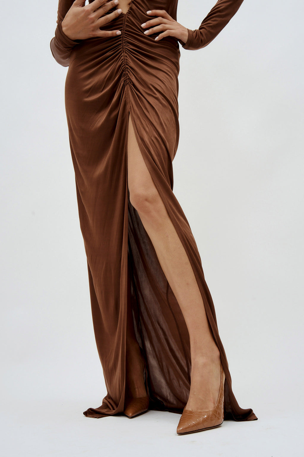 Open Front Ruched Bronze Gown - Désordre Boutique