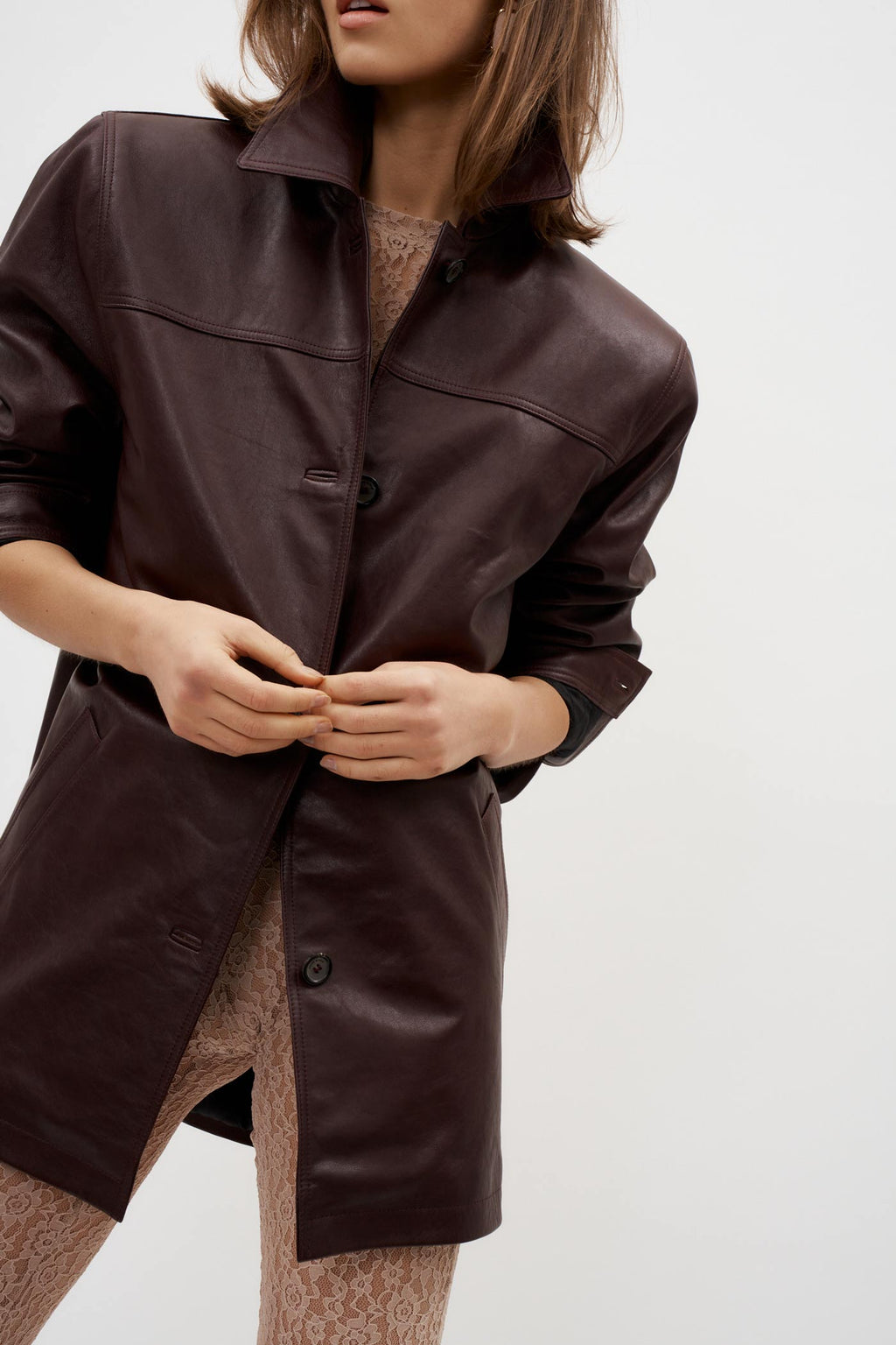 Oversized Leather Bordeaux Button Up Jacket - Désordre Boutique