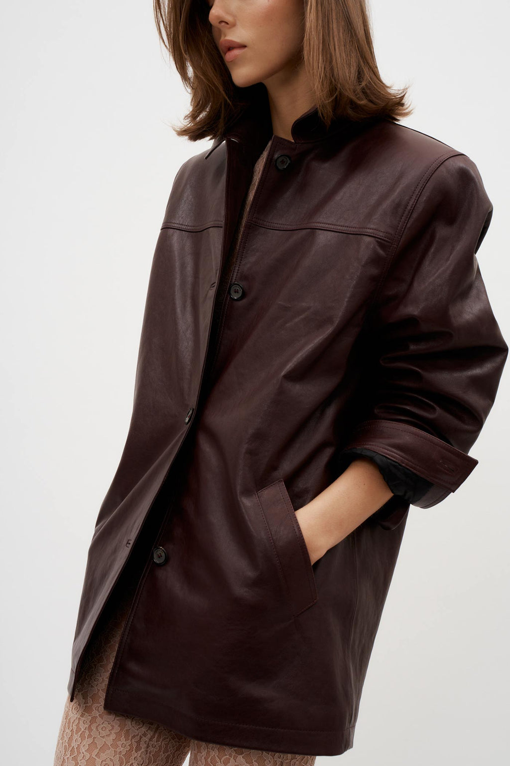 Oversized Leather Bordeaux Button Up Jacket - Désordre Boutique