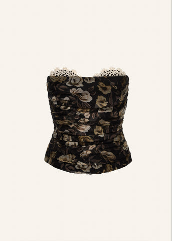 Lace Detail Silk Black Print Corset