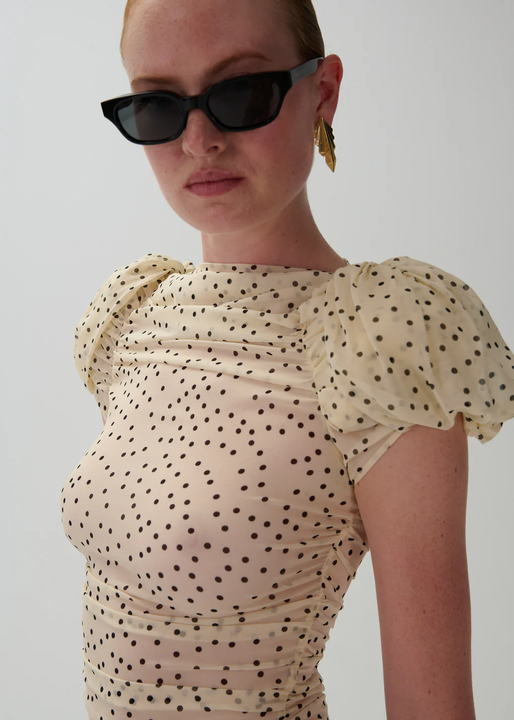 Puff Sleeve Ruched Cream Dots Blouse - Désordre Boutique