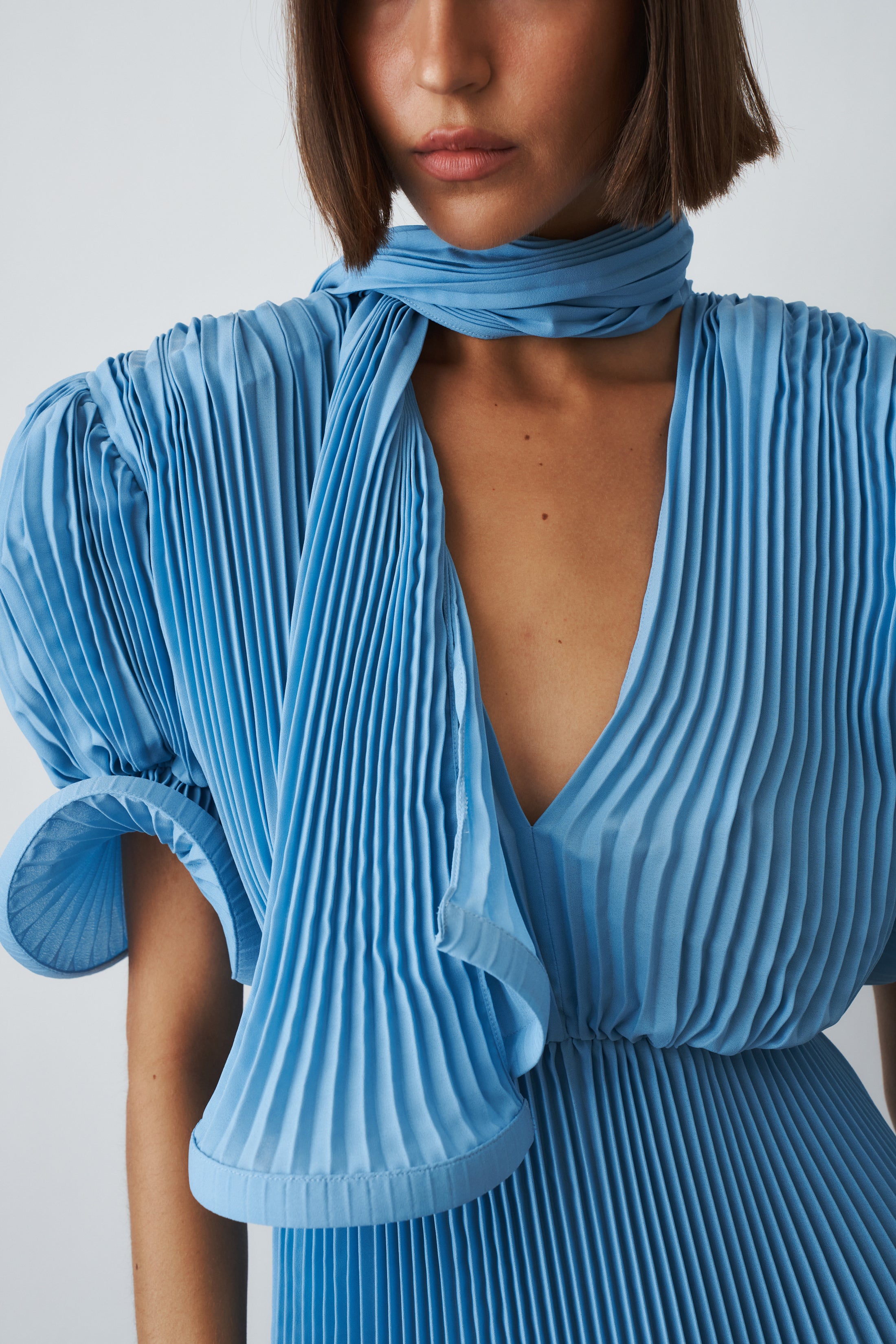 Pleated Puffy Mini Dress with Scarf In Georgette Blue - DÉSORDRE