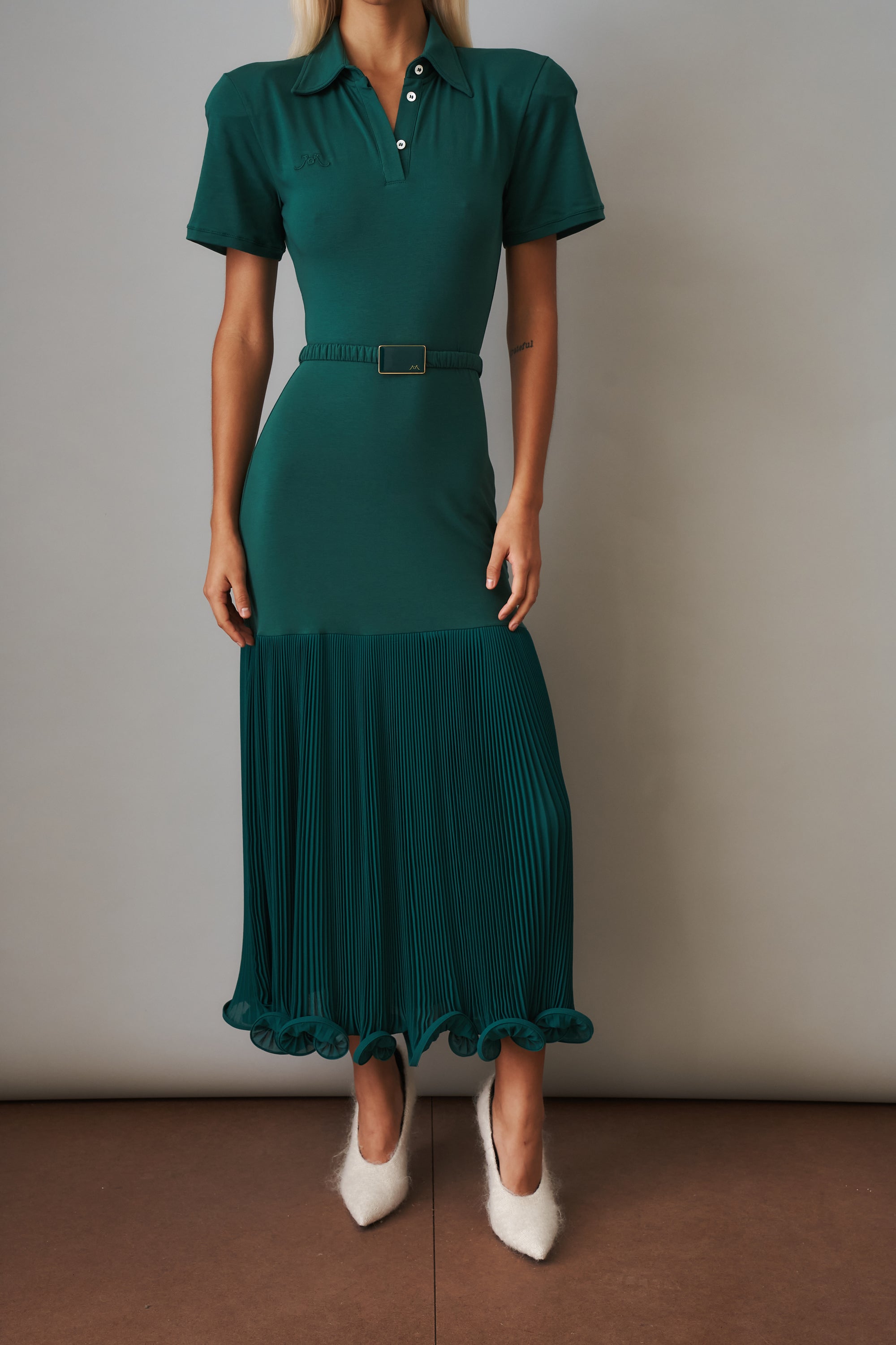 Polo Dress with Pleated Skirt in Green - DÉSORDRE