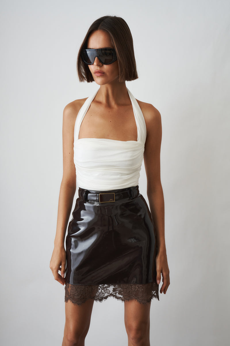 Mini Skirt With Lace Contrasts Vinyl Brown - DÉSORDRE