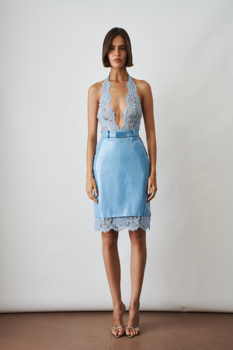V Neck Bodysuit in Lace Blue - DÉSORDRE