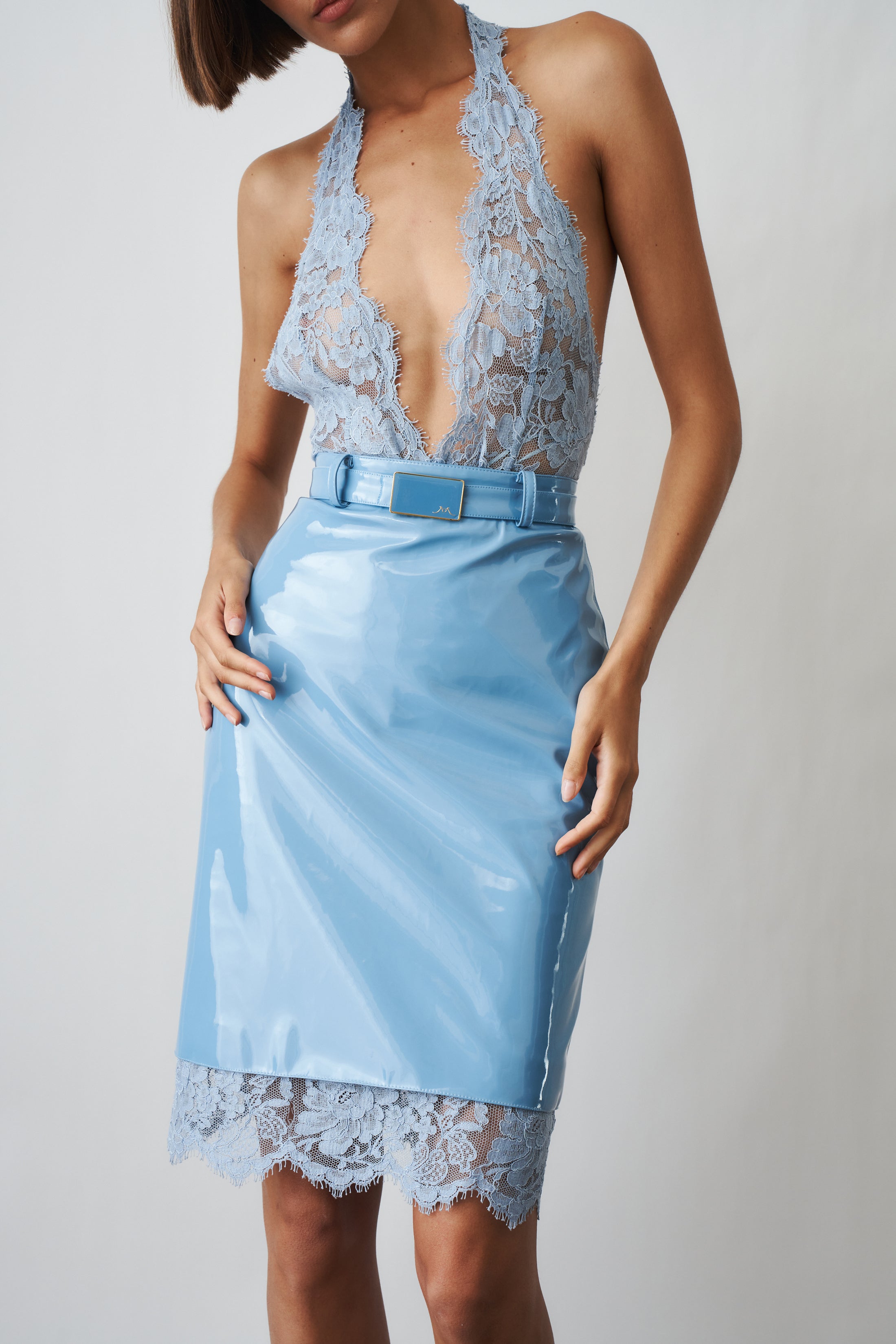 V Neck Bodysuit in Lace Blue - DÉSORDRE