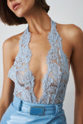 V Neck Bodysuit in Lace Blue - DÉSORDRE