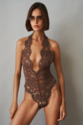 V Neck Bodysuit in Lace Brown - DÉSORDRE