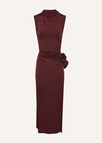 Ruched Mock Neck Midi Bordeaux Dress - Désordre Boutique