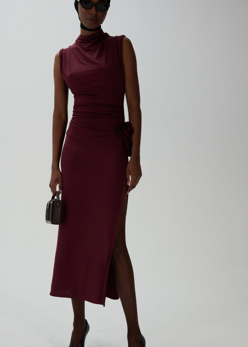 Ruched Mock Neck Midi Bordeaux Dress - Désordre Boutique