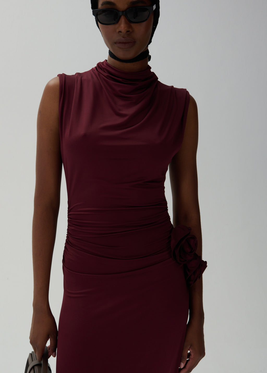 Ruched Mock Neck Midi Bordeaux Dress - Désordre Boutique