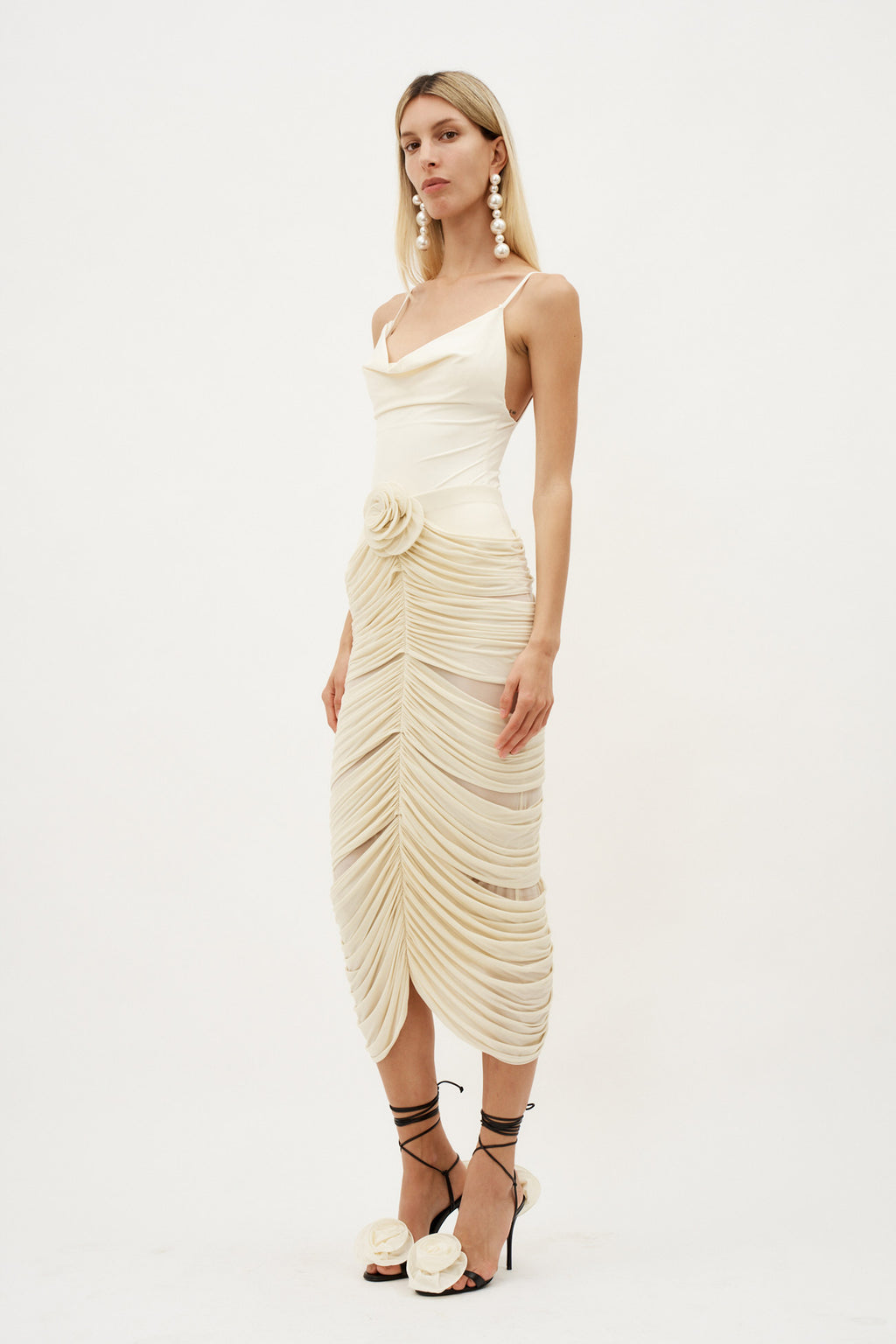 Ruched Rose Appliqué Midi Beige Skirt - Désordre Boutique