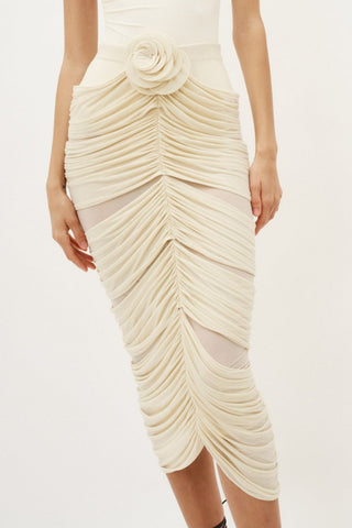 Ruched Rose Appliqué Midi Beige Skirt - Désordre Boutique