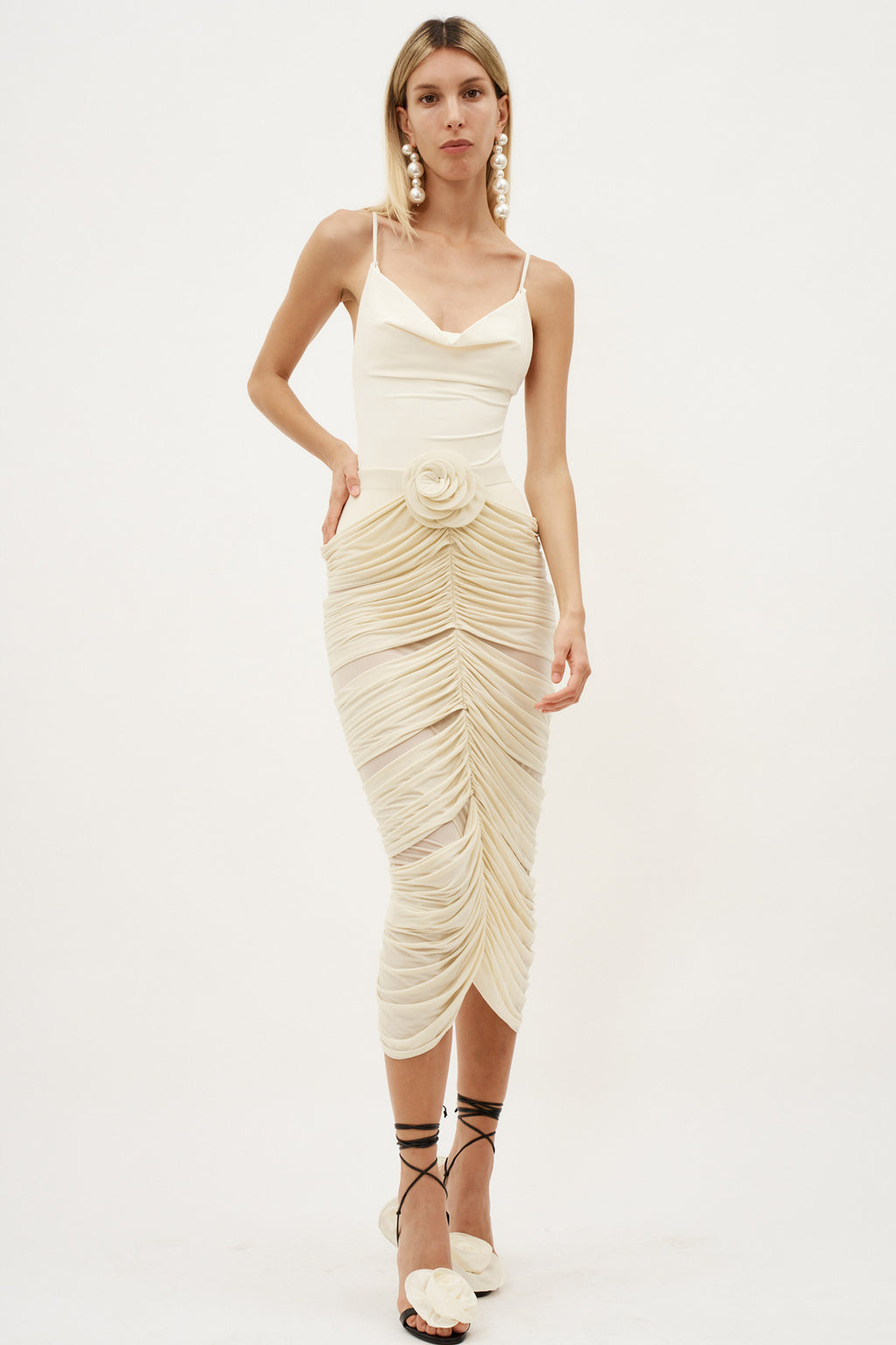 Ruched Rose Appliqué Midi Beige Skirt - Désordre Boutique