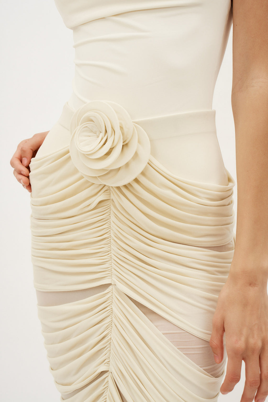 Ruched Rose Appliqué Midi Beige Skirt - Désordre Boutique