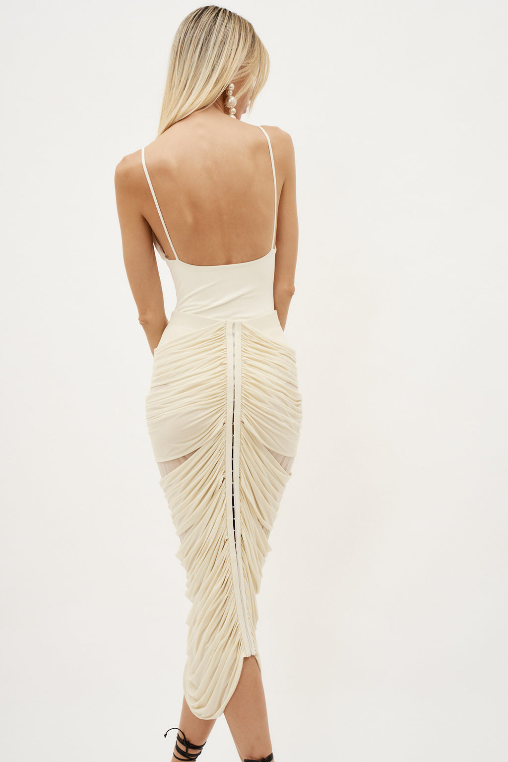 Ruched Rose Appliqué Midi Beige Skirt - Désordre Boutique