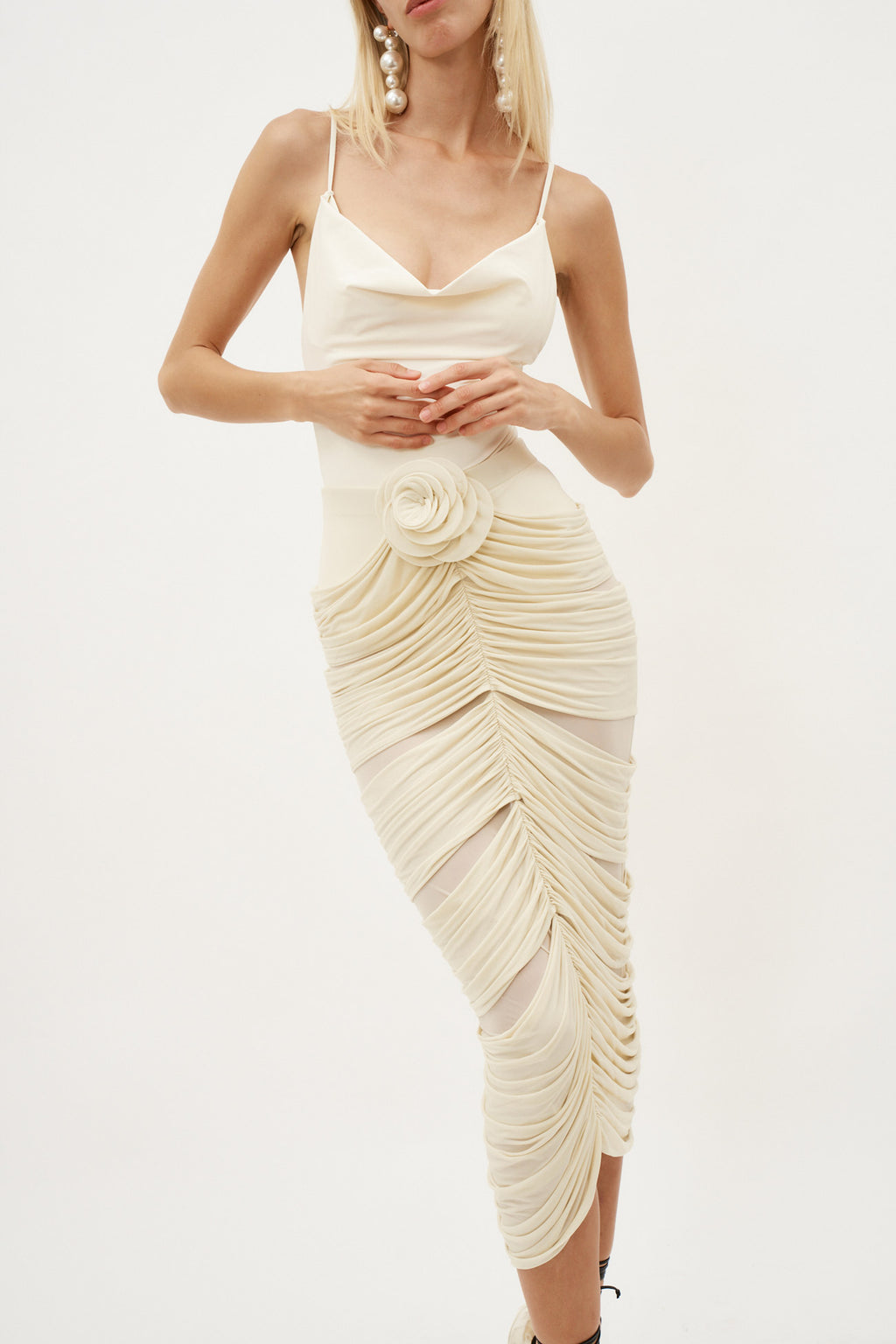 Ruched Rose Appliqué Midi Beige Skirt - Désordre Boutique