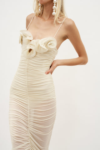 Ruched Ruffle Midi Beige Dress - Désordre Boutique