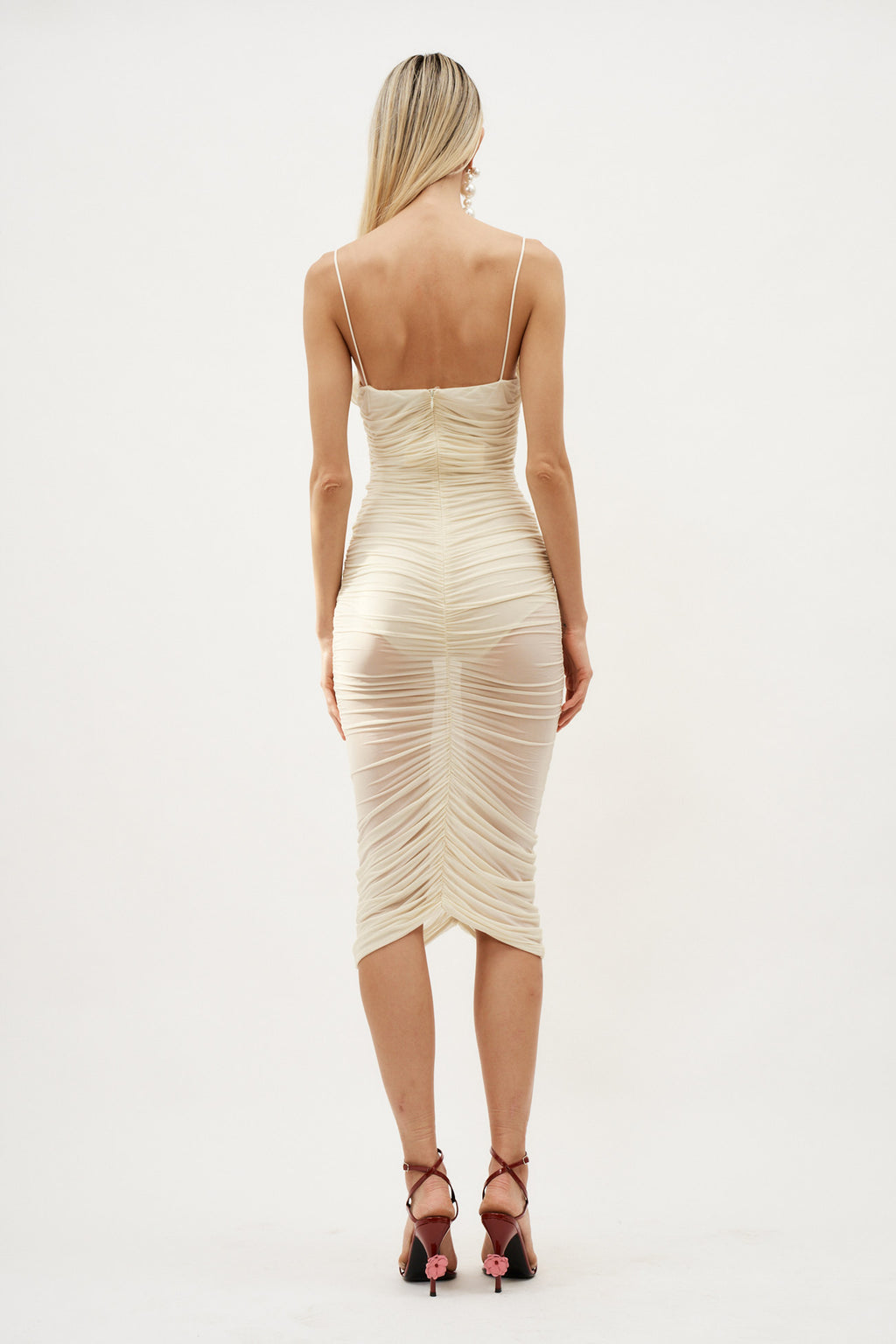 Ruched Ruffle Midi Beige Dress - Désordre Boutique