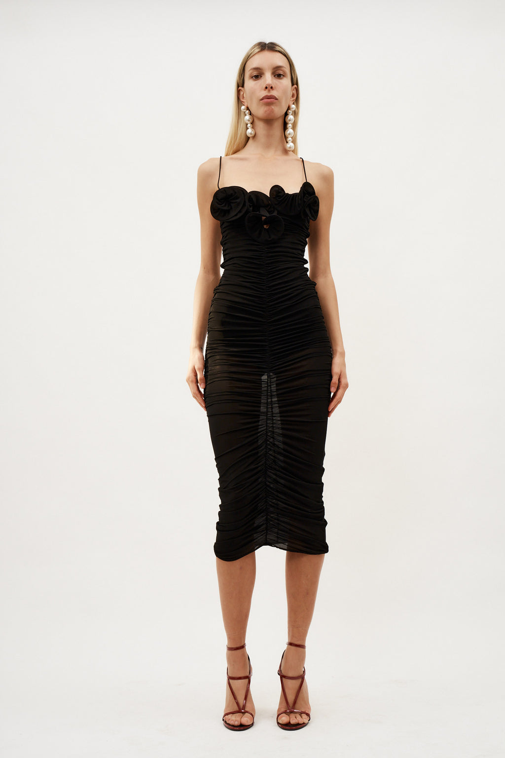 Ruched Ruffle Midi Black Dress - Désordre Boutique