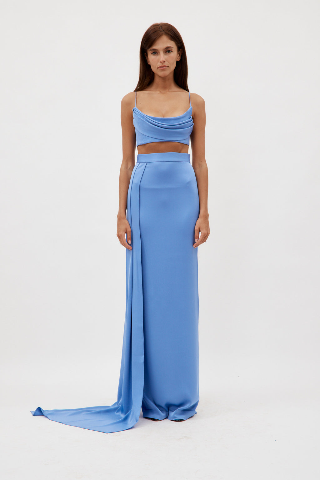 Satin Crepe Column Periwinkle Skirt with Sash - Désordre Boutique