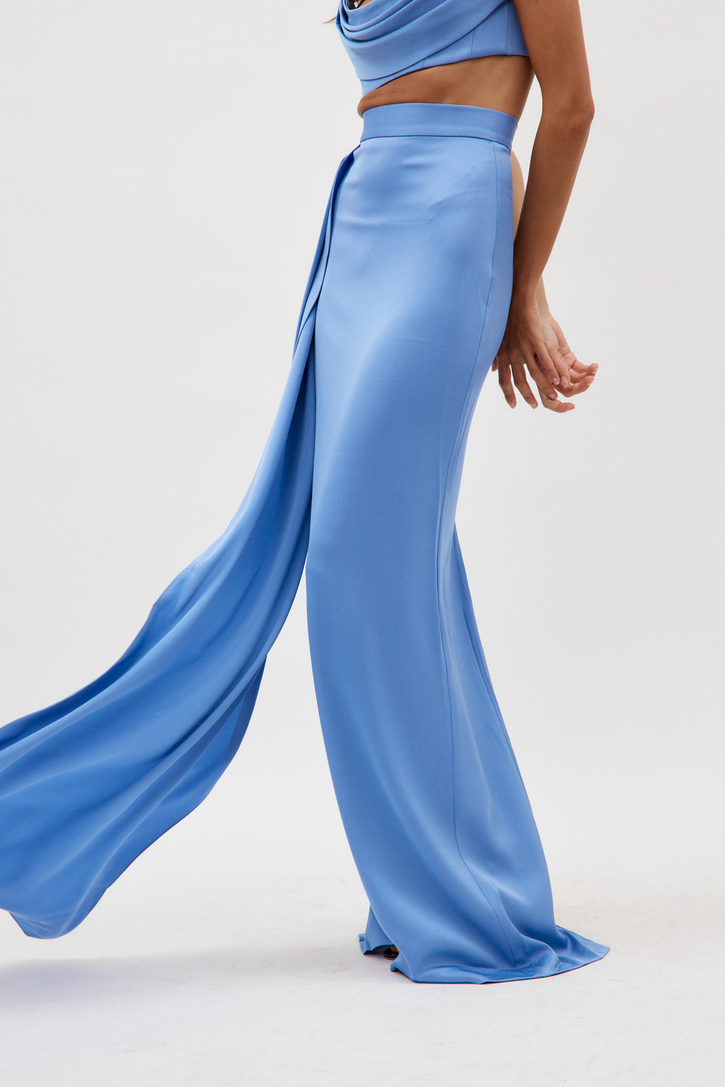 Satin Crepe Column Periwinkle Skirt with Sash - Désordre Boutique