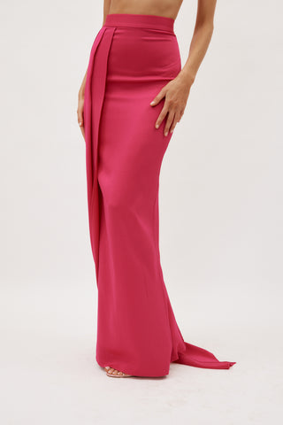 Satin Crepe Column Raspberry Skirt with Sash - Désordre Boutique