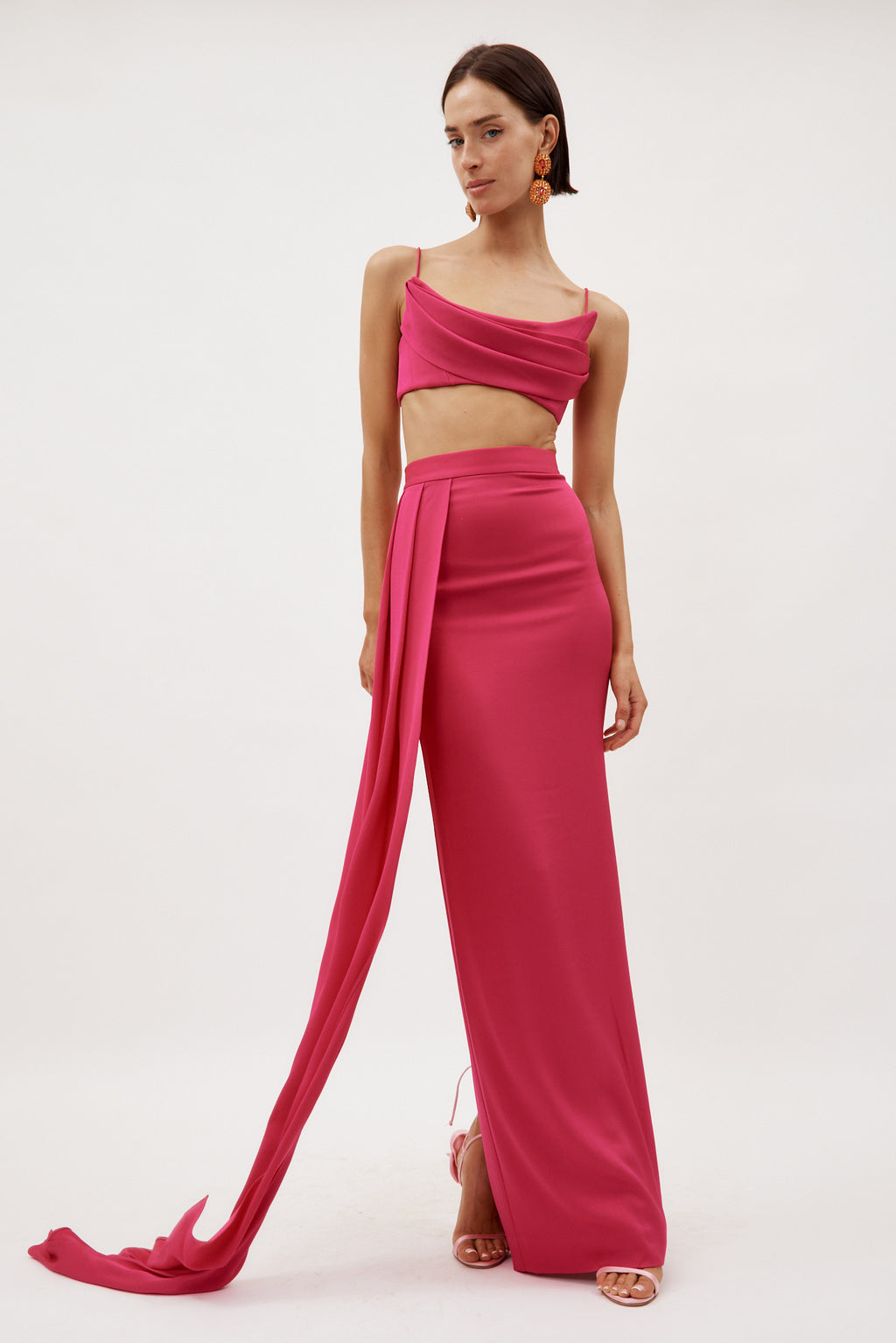 Satin Crepe Column Raspberry Skirt with Sash - Désordre Boutique