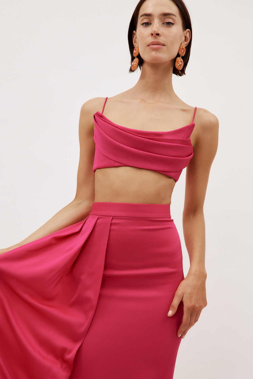 Satin Crepe Column Raspberry Skirt with Sash - Désordre Boutique