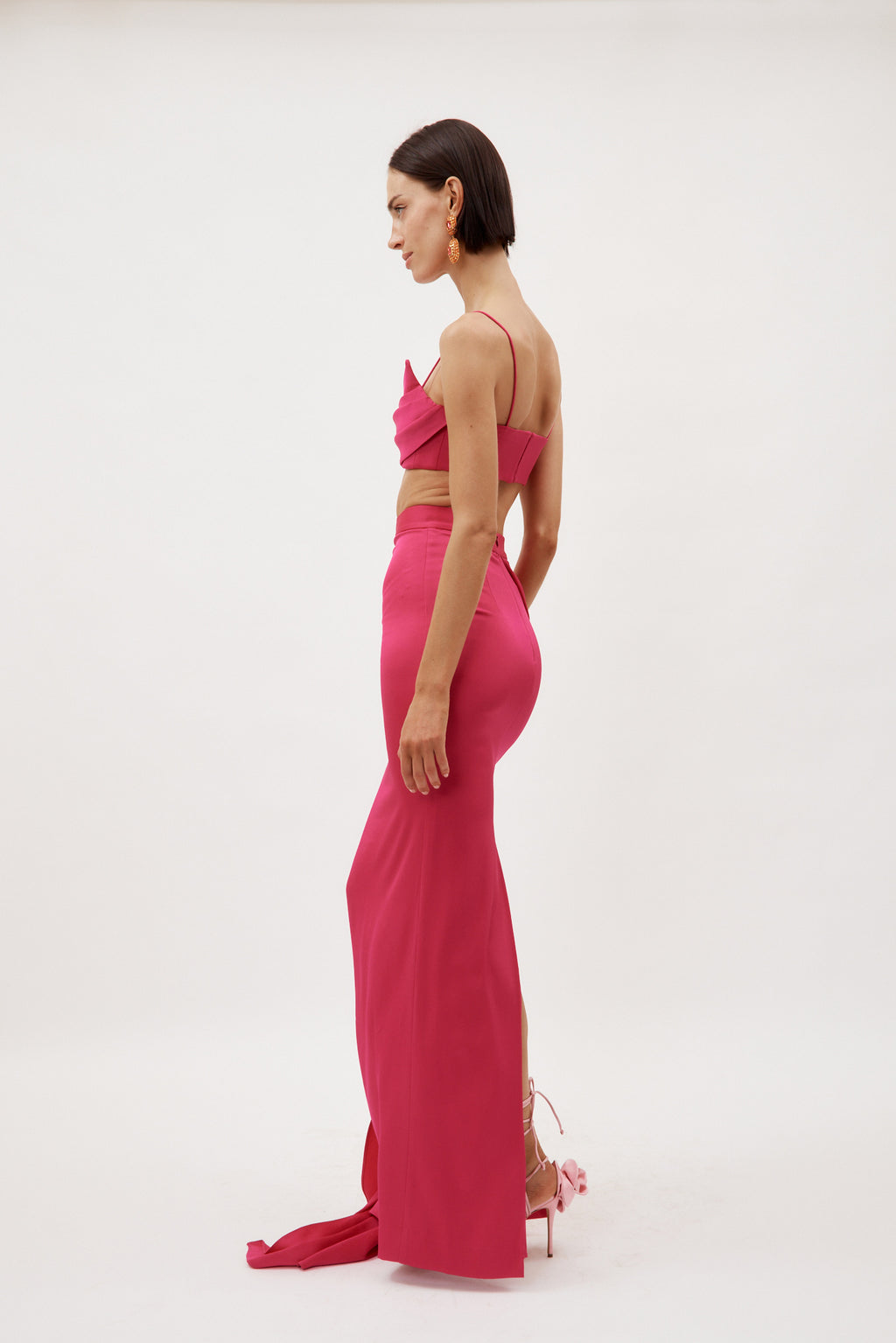 Satin Crepe Column Raspberry Skirt with Sash - Désordre Boutique