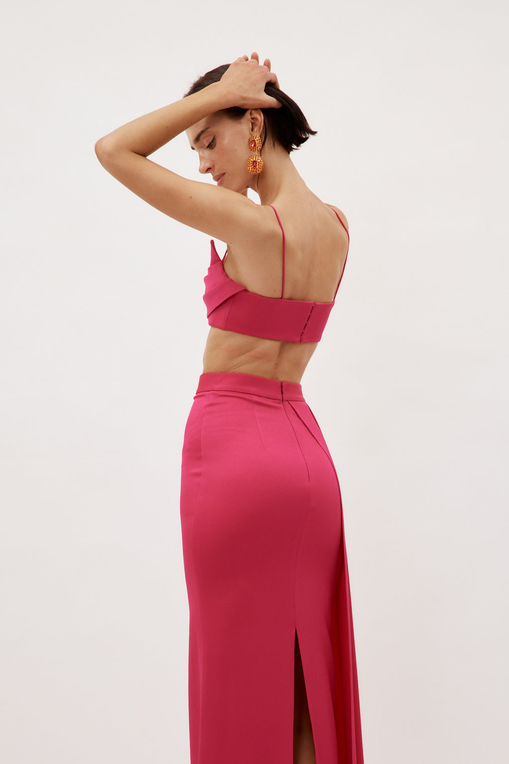 Satin Crepe Column Raspberry Skirt with Sash - Désordre Boutique