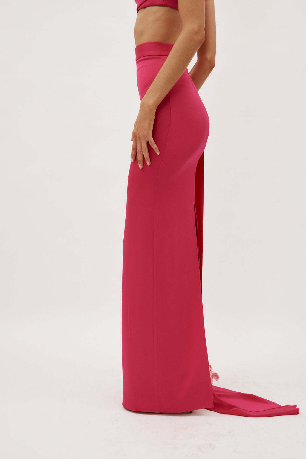 Satin Crepe Column Raspberry Skirt with Sash - Désordre Boutique