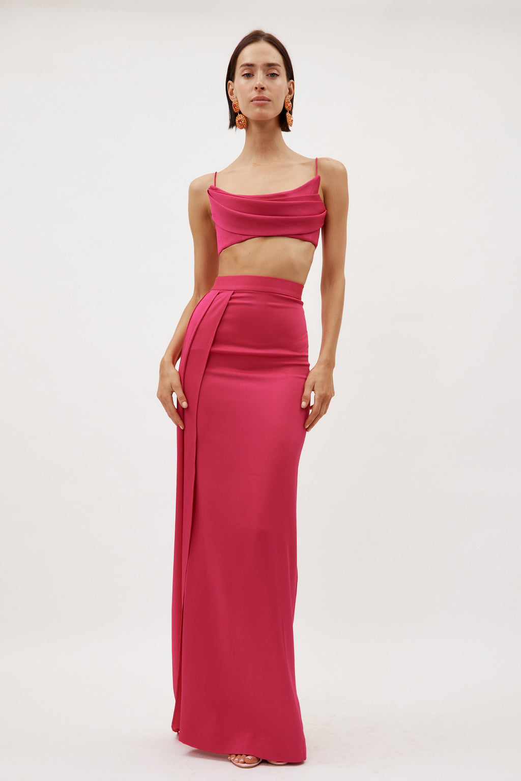 Satin Crepe Column Raspberry Skirt with Sash - Désordre Boutique