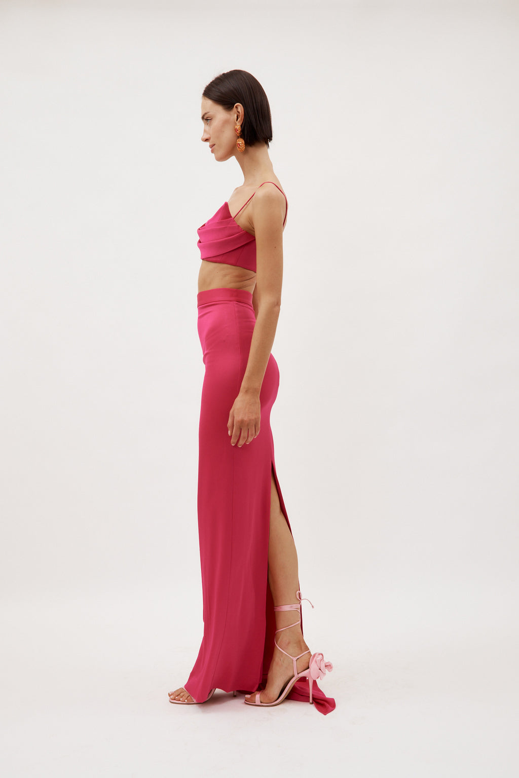 Satin Crepe Column Raspberry Skirt with Sash - Désordre Boutique