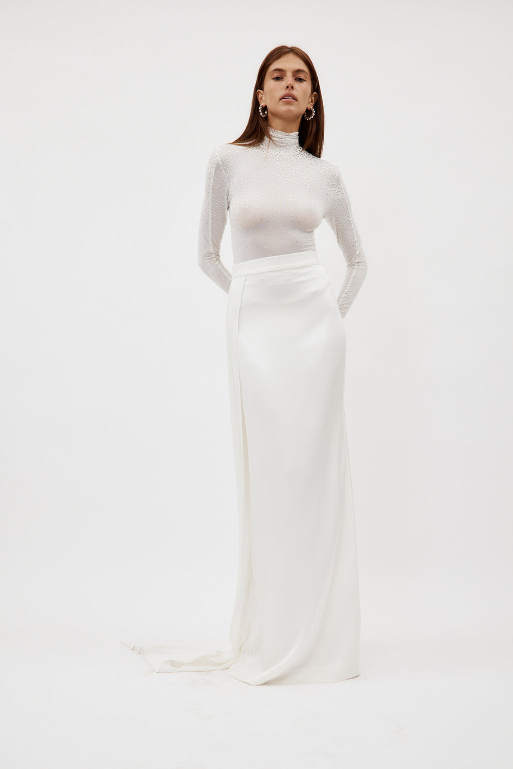 Satin Crepe Column White Skirt with Sash - Désordre Boutique