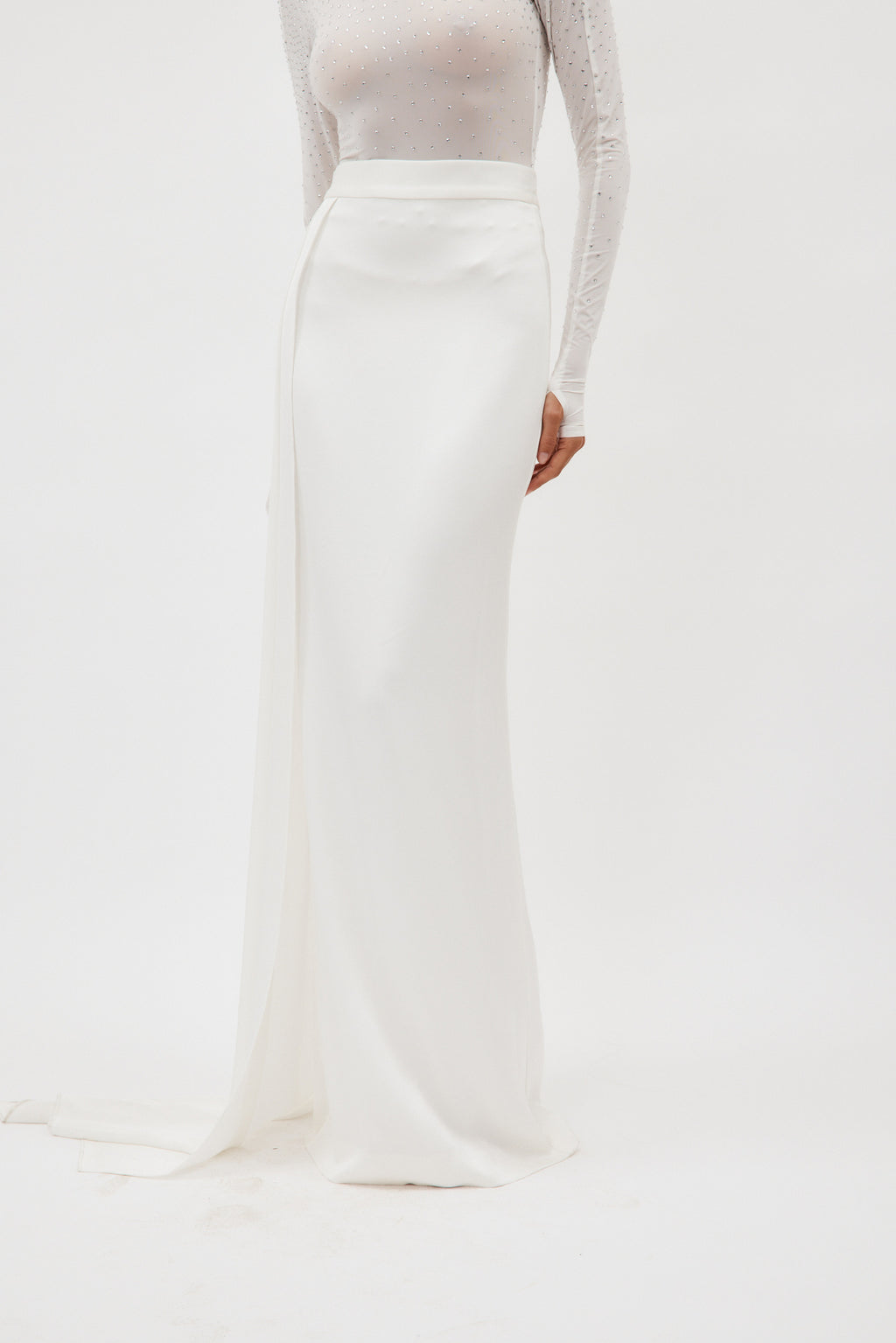 Satin Crepe Column White Skirt with Sash - Désordre Boutique