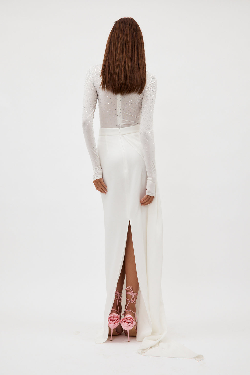 Satin Crepe Column White Skirt with Sash - Désordre Boutique