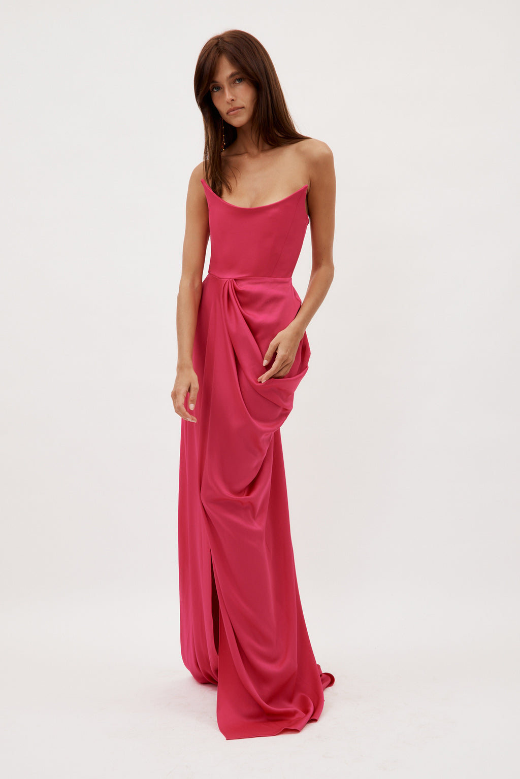 Satin Crepe Curved Strapless Drape Raspberry Gown - Désordre Boutique