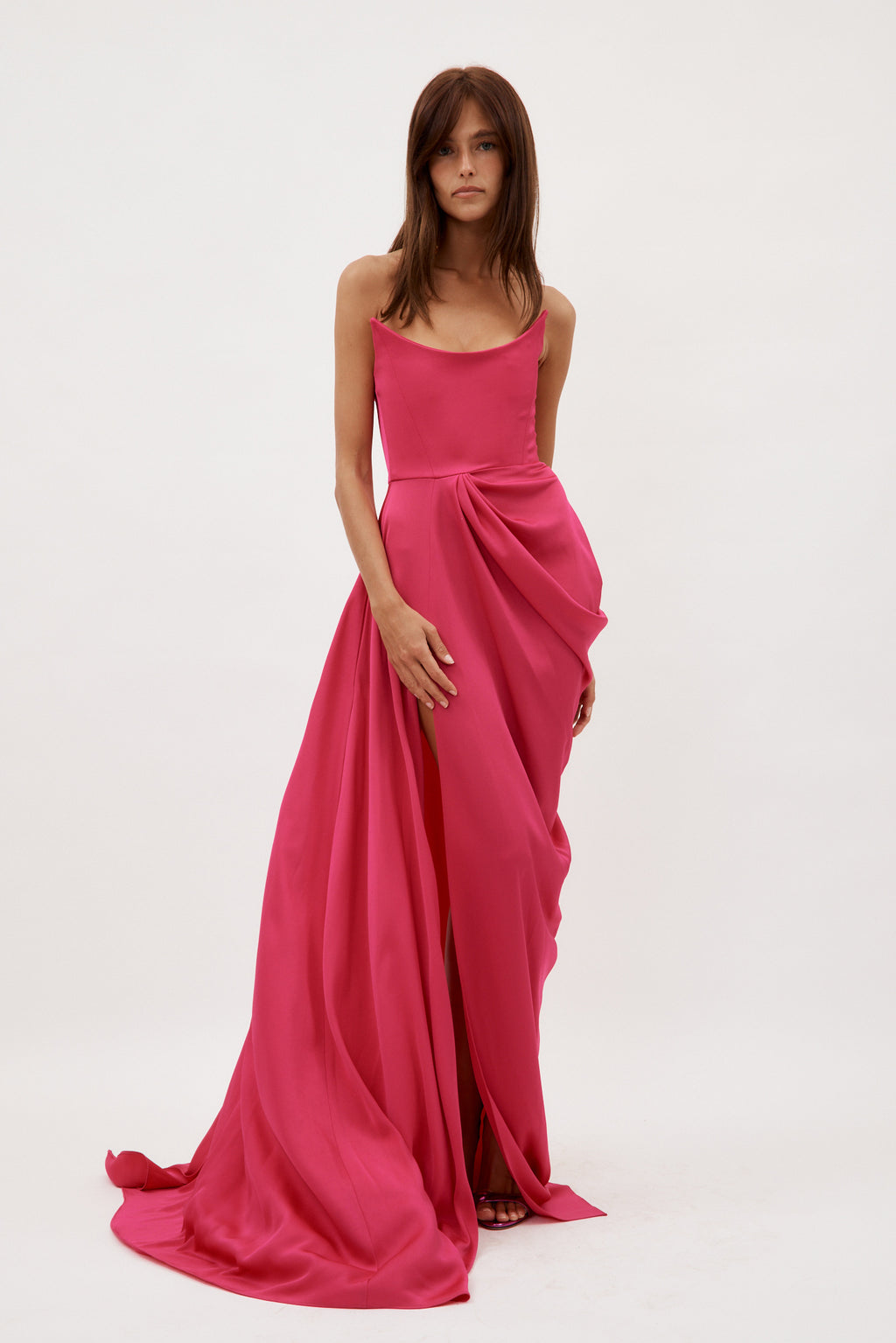 Satin Crepe Curved Strapless Drape Raspberry Gown - Désordre Boutique