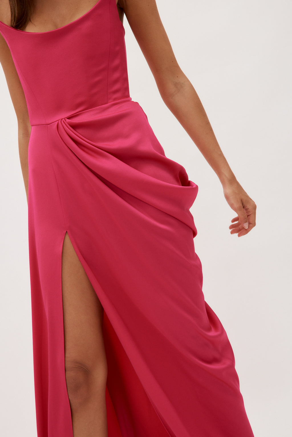 Satin Crepe Curved Strapless Drape Raspberry Gown - Désordre Boutique