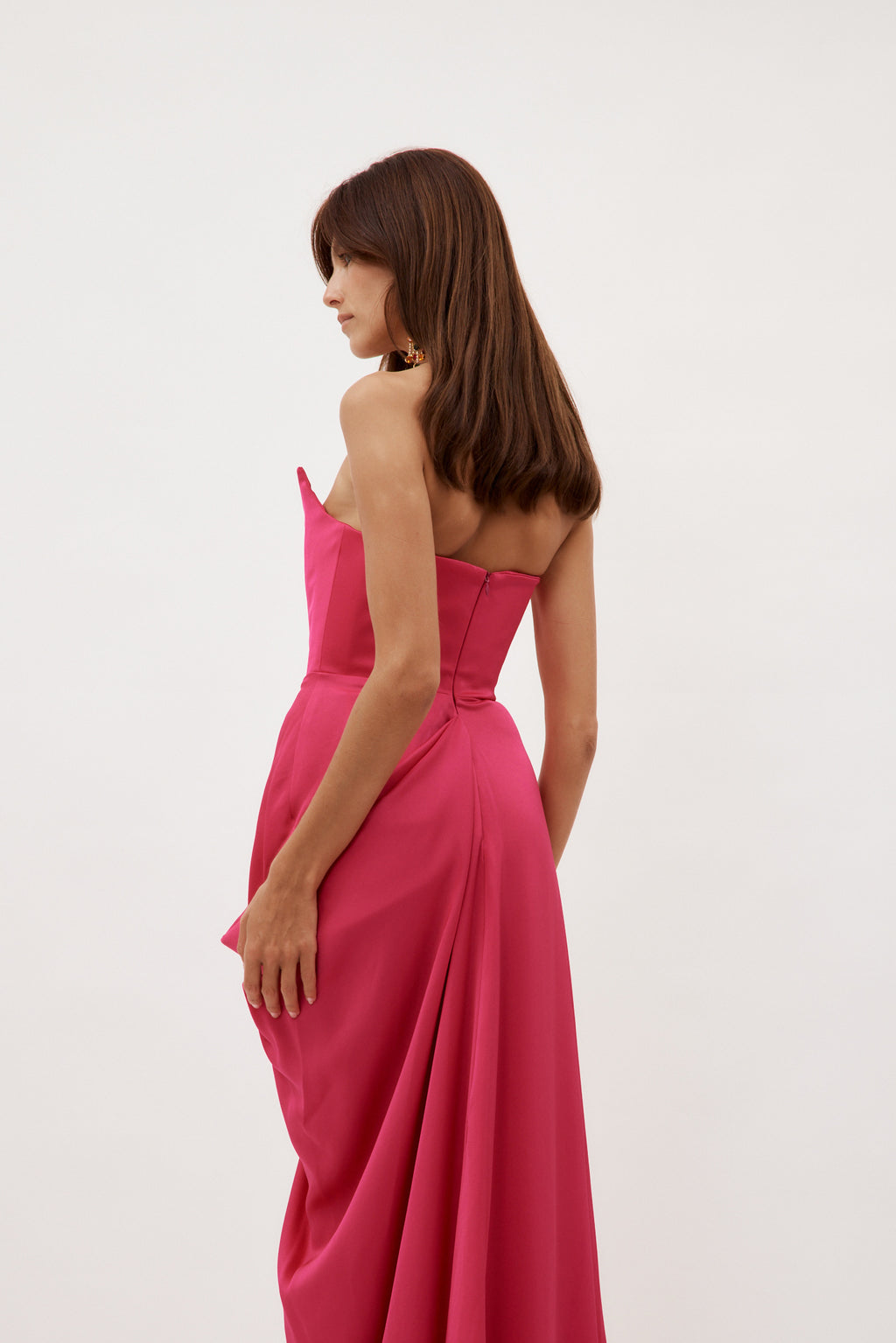 Satin Crepe Curved Strapless Drape Raspberry Gown - Désordre Boutique