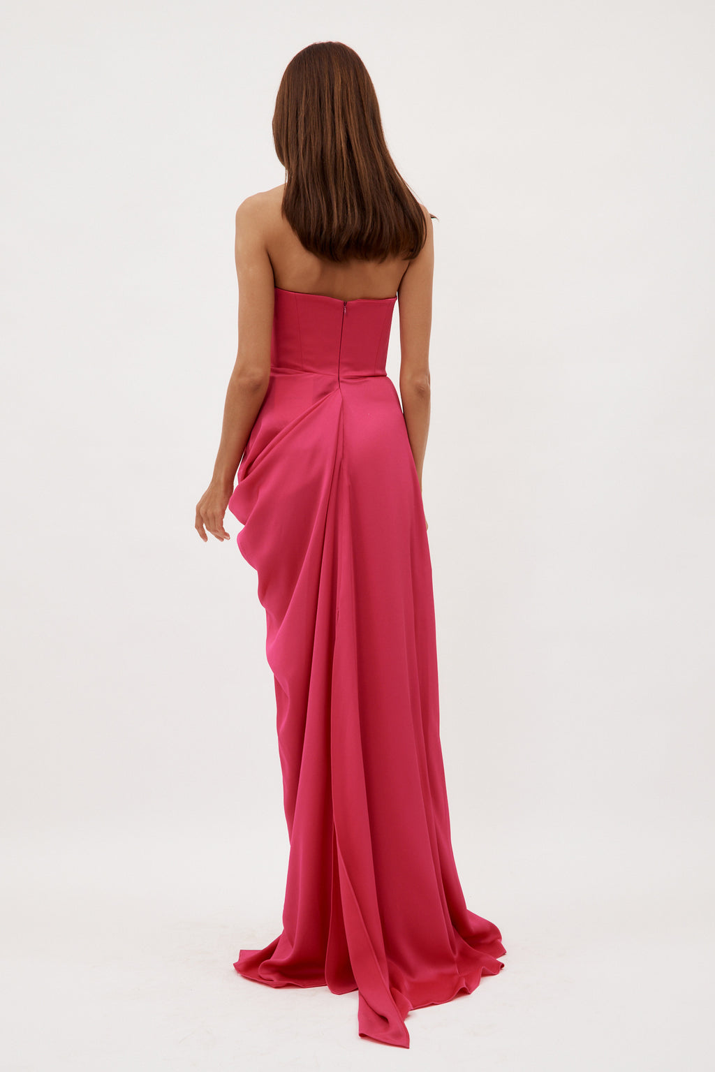 Satin Crepe Curved Strapless Drape Raspberry Gown - Désordre Boutique