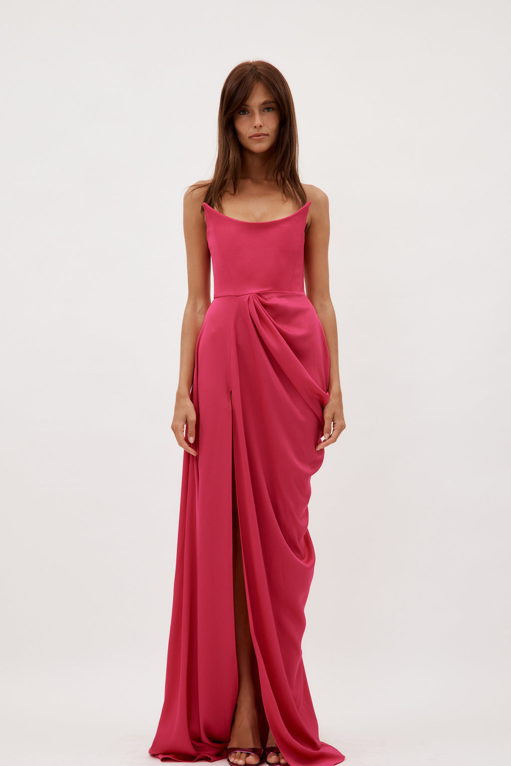 Satin Crepe Curved Strapless Drape Raspberry Gown - Désordre Boutique