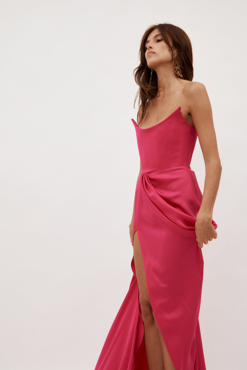 Satin Crepe Curved Strapless Drape Raspberry Gown - Désordre Boutique