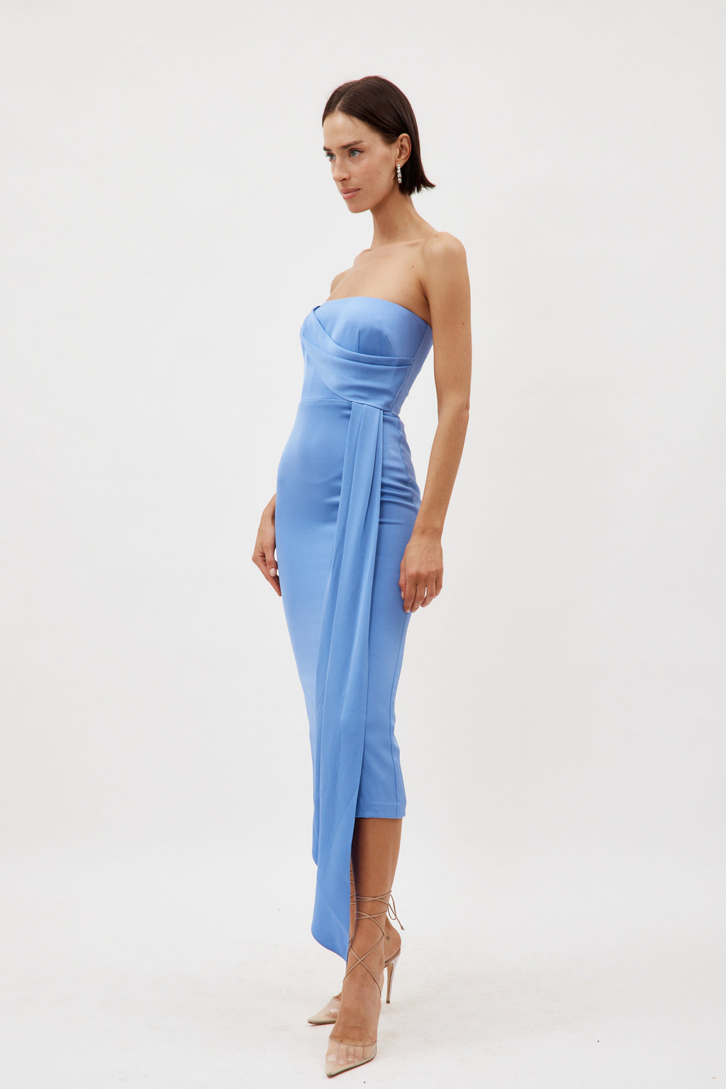 Satin Crepe Strapless Periwinkle Dress with Drape - Désordre Boutique