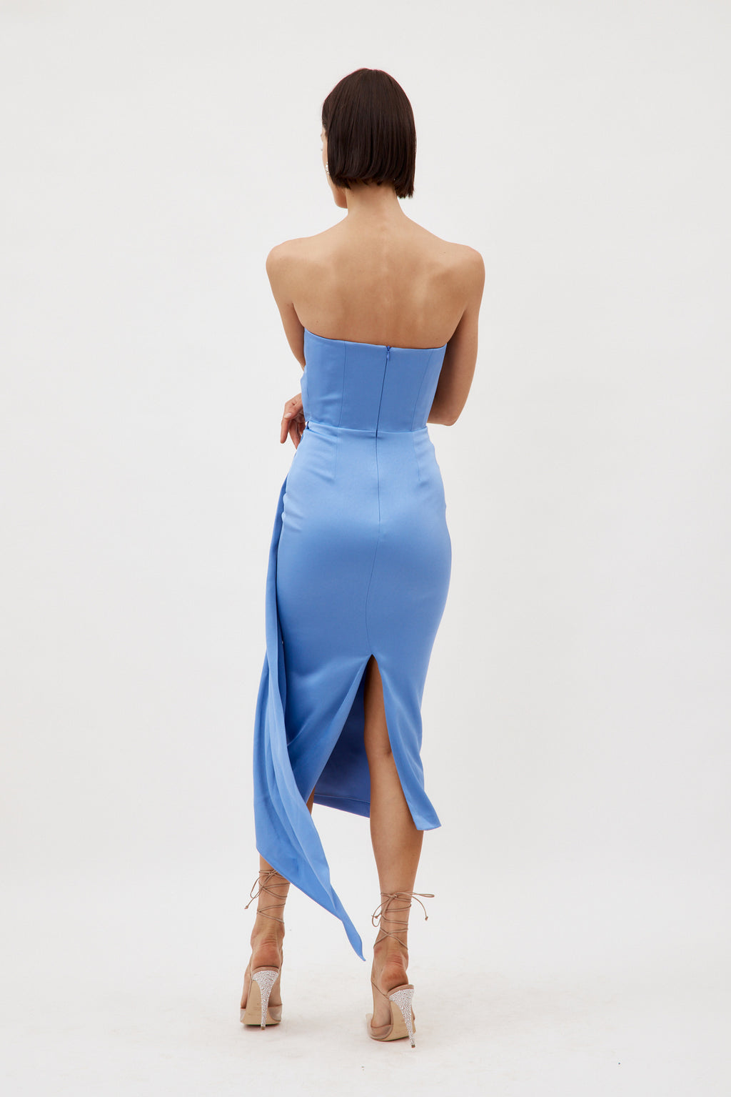 Satin Crepe Strapless Periwinkle Dress with Drape - Désordre Boutique