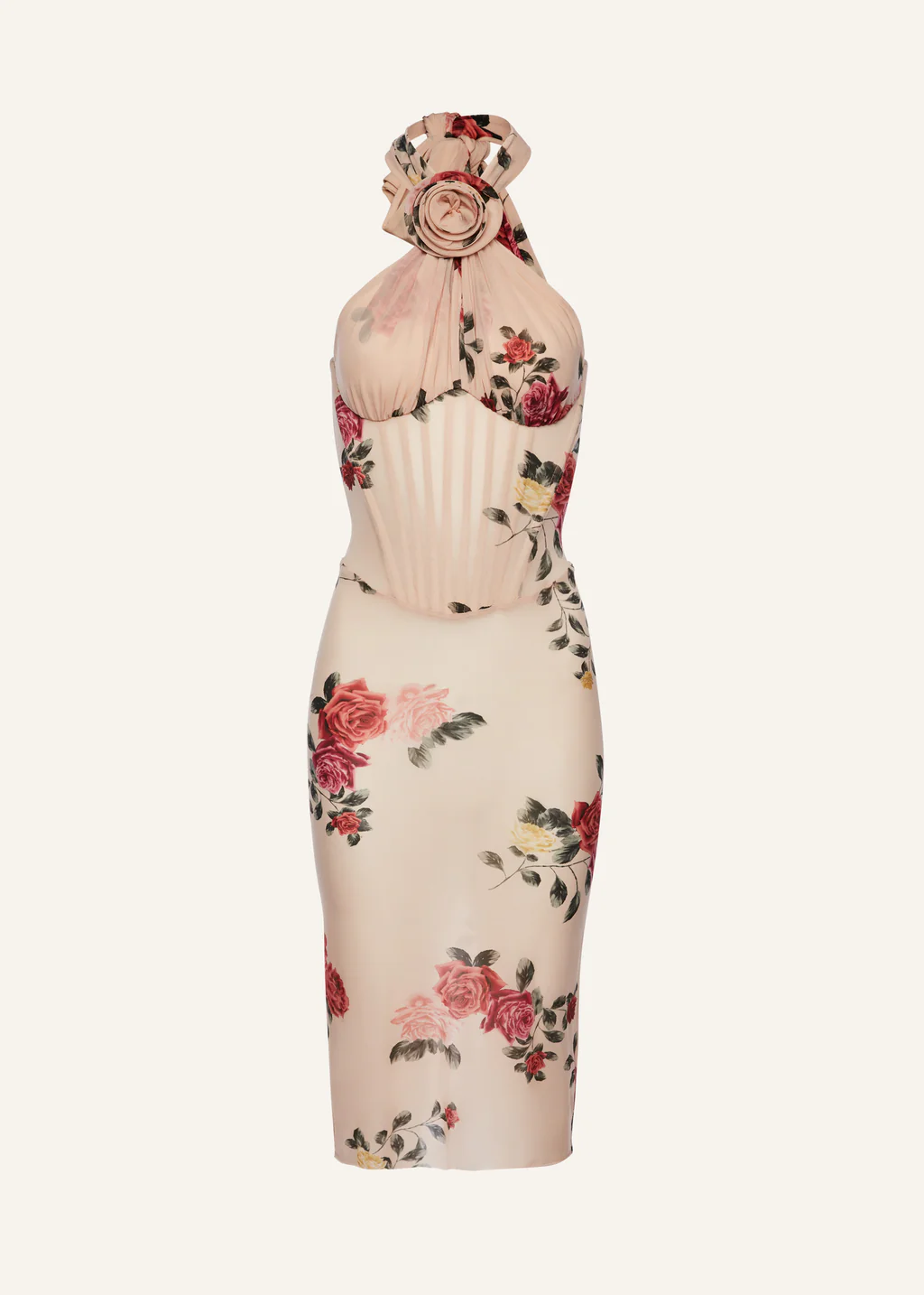 Sheer Halter Bustier Beige Print Midi Dress - Désordre Boutique