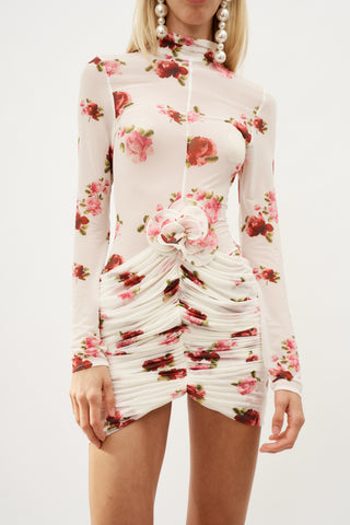 Sheer High Neck Mini Cream Print Dress - Désordre Boutique